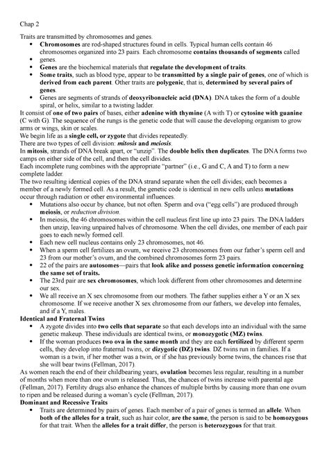 Dev psych chap 2 - summary of chap 2 - Chap 2 Traits are transmitted by ...