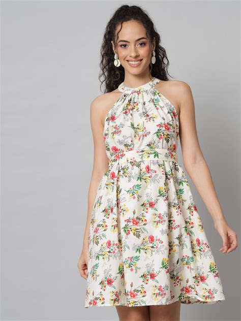 Emeros Aesthetic Florals Halter Neck Off-White Short Dress