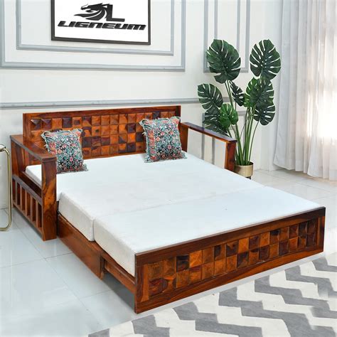 LIGNEUM Solid Wooden Sofa Cums Bed for Living Room Sheesham Wood Wood ...