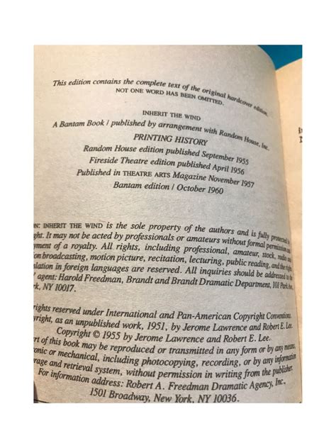 Vintage 1960 INHERIT THE WIND Book Jerome Lawrence & Robert E. Lee PB ...