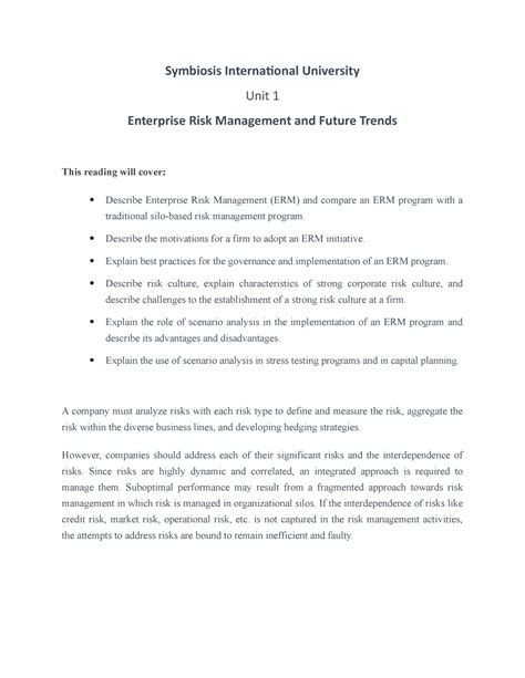 Unit 1 Enterprise Risk Management - Symbiosis International University ...