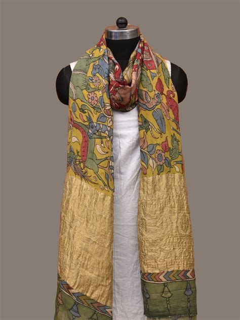 Yellow and Red Kalamkari Hand Painted Chiffon Dupatta with Village and ...