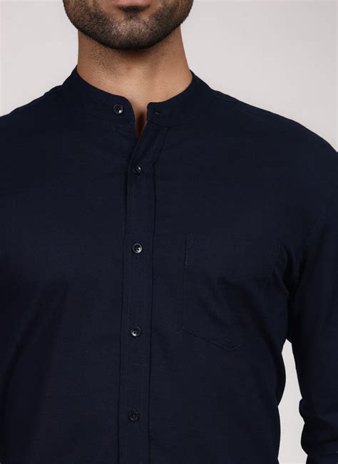Linen Mandarin Collar Shirt - Navy Blue – NEWT