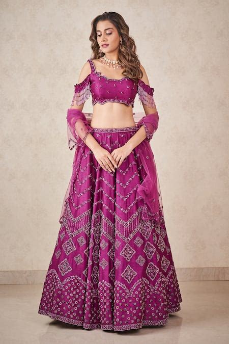 Buy Purple Silk, Tulle Crystals Work Blouse Lehenga Set For Women by ...