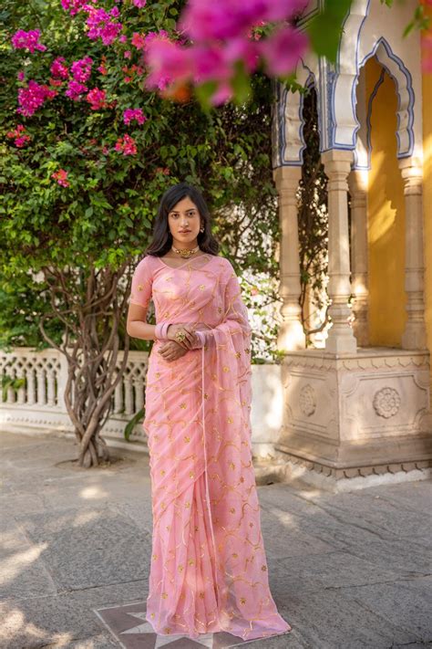 Pastel Pink Handcrafted Gota Jaal Chiffon Saree – Geroo Jaipur