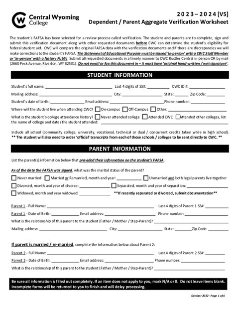 Fillable Online Dependent / Parent Aggregate Verification Worksheet ...