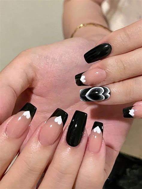 24pcs French Short Ballerina Nail Nails Black Solid Heart Smudge Press ...