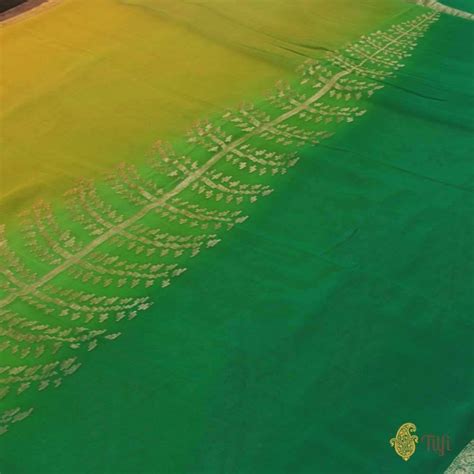Yellow-Green Ombre Pure Chiffon Georgette Banarasi Handloom Saree - Tilfi