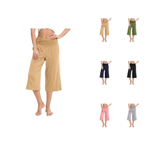 Capri Pants for Women 2025 Solid Color High Waisted Wide Leg Casual ...
