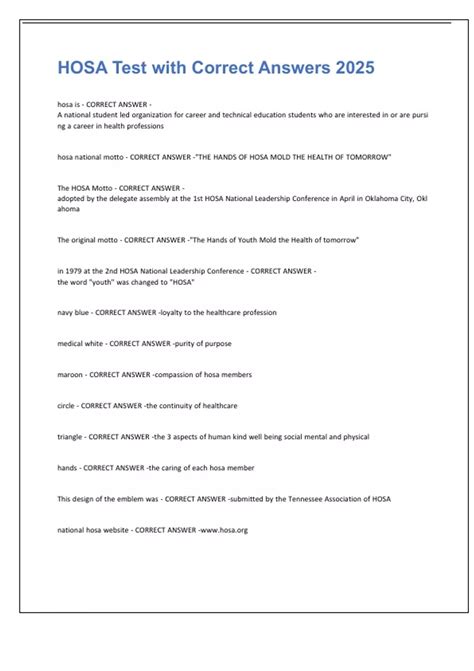HOSA Test with Correct Answers 2025 - HOSA - Stuvia US