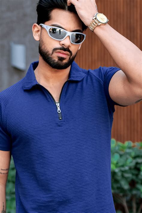Royal Blue Self Design Zipper Polo Collar T-Shirt – Gritstones