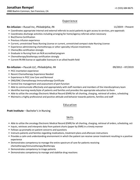 Rn-infusion Resume Samples | Velvet Jobs