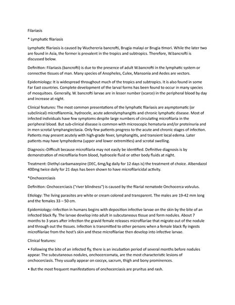 Filariasis - Lecture notes 1 and 2 - Filariasis Lymphatic filariasis ...