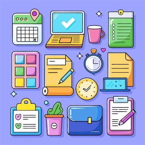 Colorful doodle illustration of work tools like laptop clock checklist ...