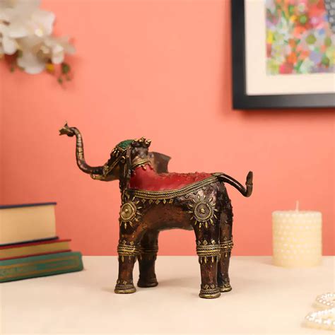 Buy Colored Brass Dhokra Elephant – 8" Tribal Decor – Ethnic India ...