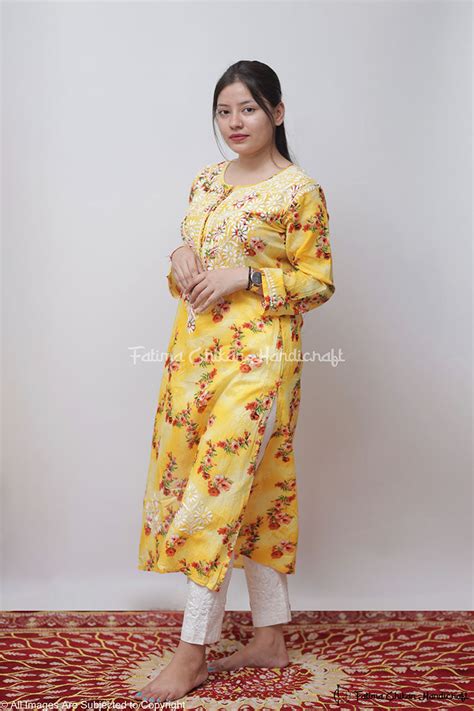 EILA YELLOW FLORAL MULMUL CHIKANKARI STRAIGHT KURTA ...