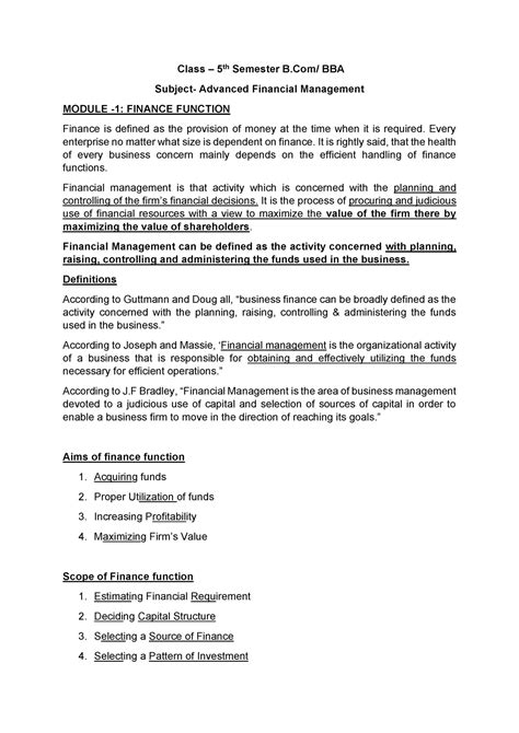 AFM Notes- Function of Finance - Class – 5 th Semester B/ BBA Subject ...