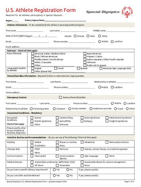 Special Olympics US Athlete Registration Form - Blank Fillable Template ...