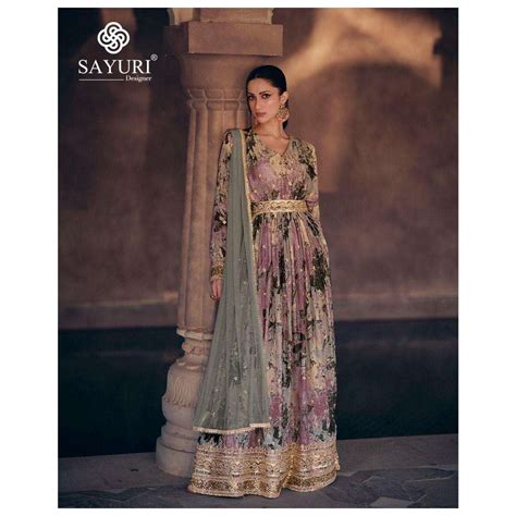 AASHIRWAD CREATION SAYURI KESAR GEORGETTE WITH LONG DESIGNER NAIRA CUT READYMADE SUITS ...