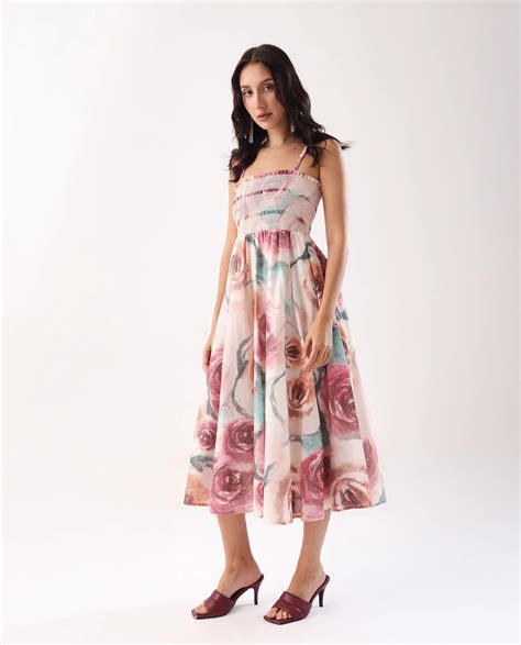 Rareism Women's Cirius Multi Tube Neck Fit And Flare Printed Midi Dres