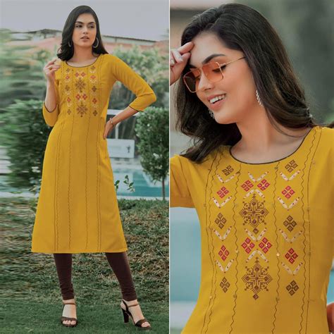 Yellow Embroidered Cotton Kurti