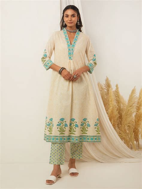 Buy Off White Red Hand Block Printed Cotton Kurta with Palazzo- Set of ...