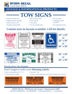 Fillable Online TOW SIGNS - Rydin Decal Fax Email Print - pdfFiller