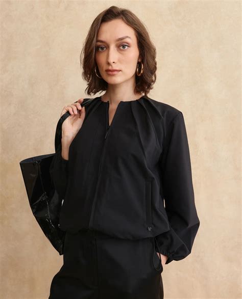 Rareism Women Dockly Black Full Sleeve Crew Neck Zipper Closure Plain