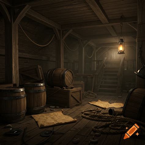 A dimly lit wooden ship's cargo hold with barrels, crates, ropes, and ...