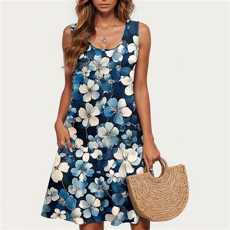 Lorytime Casual Dresses for Women Knee Length Blue Summer with Pocket ...