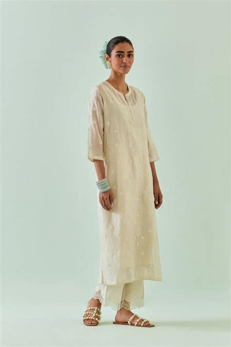 Off white straight kurta set with all-over off white Dori embroidery a ...