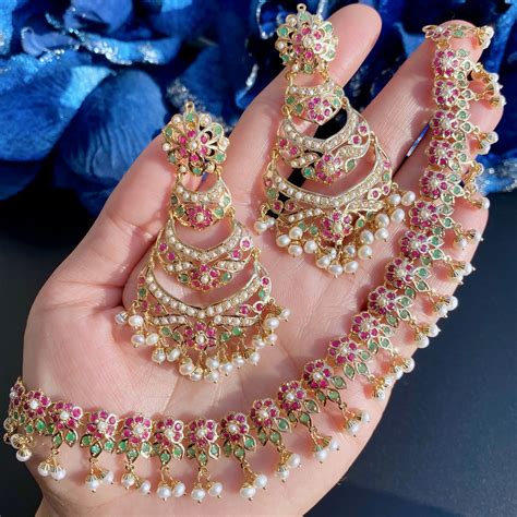 Classical Jadau Necklace with Chandelier Earrings | 22k Gold Indian Ja