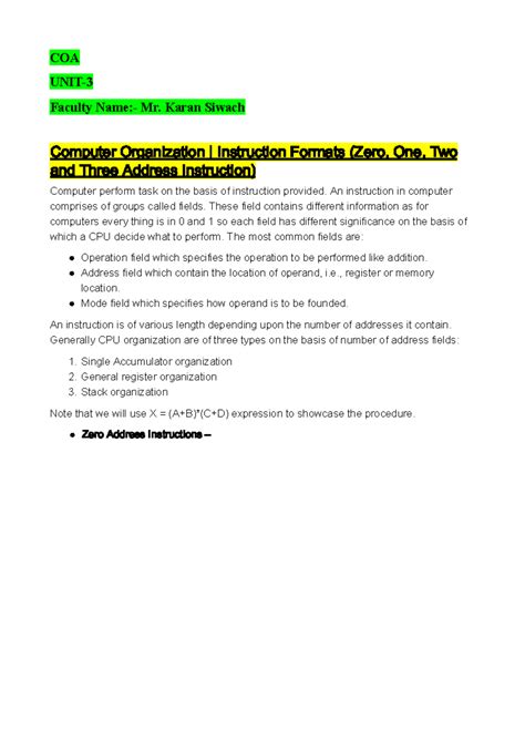 COA Unit-3 Lecture Notes on Computer Organization Instructions - Studocu
