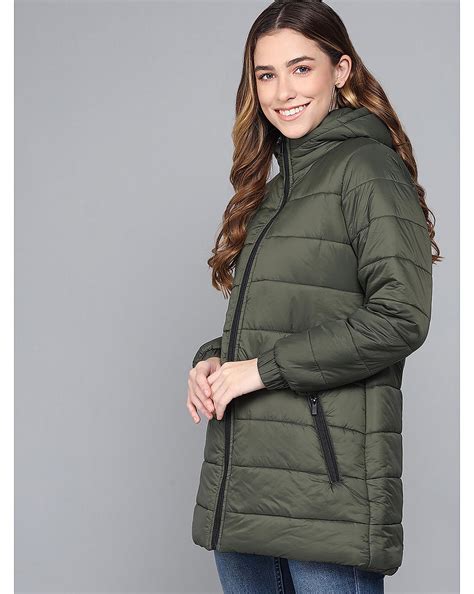 KOTTY Women Olive Nylon Full Sleeve Padded Puffer Jacket
