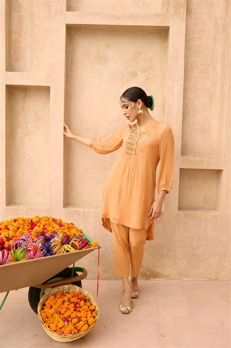 Melon orange georgette co ord set with embroidered yoke – Sohni