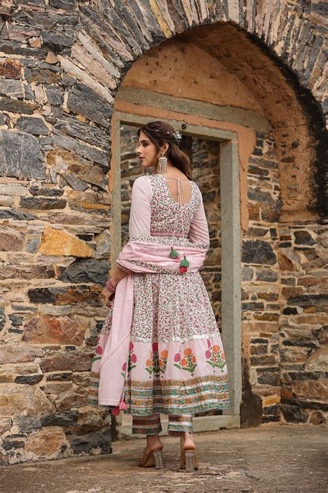 Sarah Pink Block Printed Floral Anarkali Suit With Pant And Dupatta ...