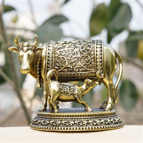 Pure Brass Kamdhenu Cow with Calf Idol | Sacred Gau Mata Murti for Pro ...