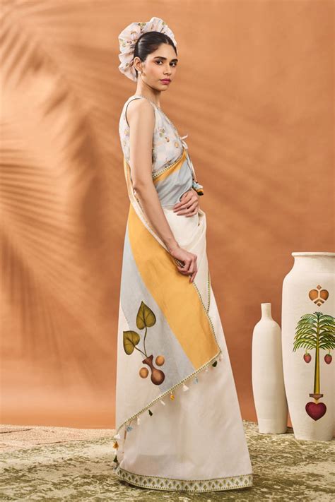 Masaba - Ivory Stripe Garden Grid Saree - Elahe