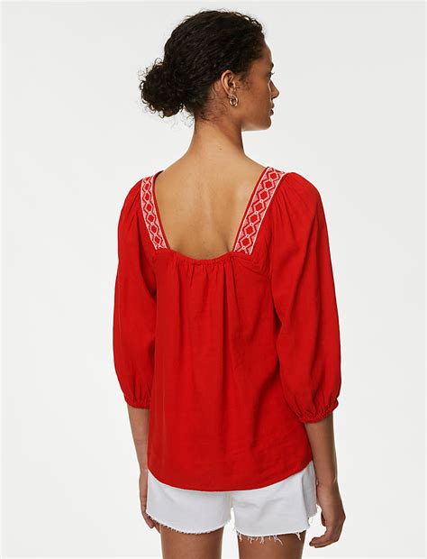 Buy Linen Blend Embroidered Puff Sleeve Blouse at Marks & Spencer