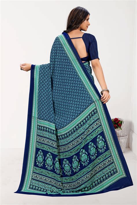 Buy Angoori Crape Fabric Blue Colour Uniform Wear Printed Saree with ...