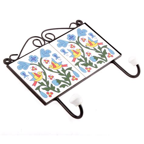 White And Yellow Bird Leaf Floral Tiles Hooks