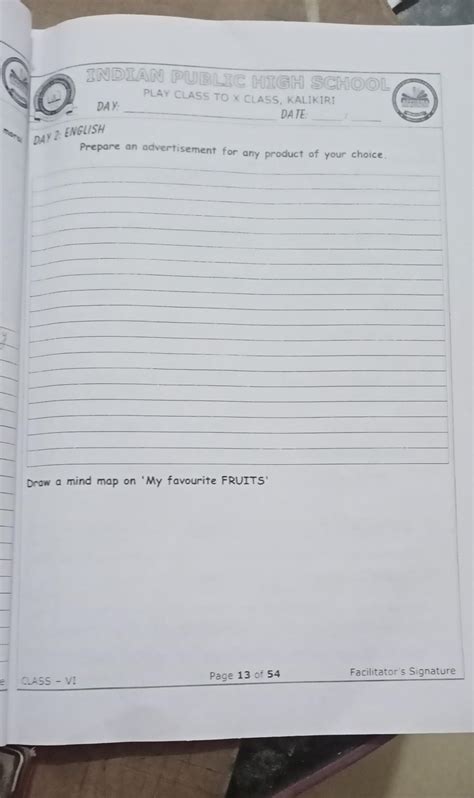 DAY: DAY 2: ENGLISH CLASS - VI Draw a mind map on 'My favourite FRUITS ...