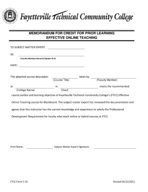 Fillable Online faytechcc MEMORANDUM FOR CREDIT FOR PRIOR LEARNING ...