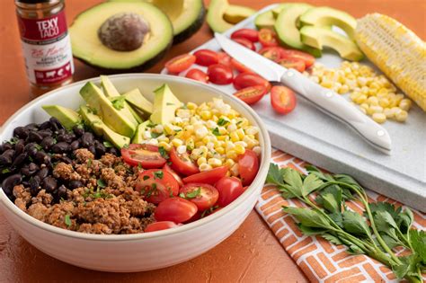 Taco Bowl with Couscous, Ground Turkey, Corn and Avocados