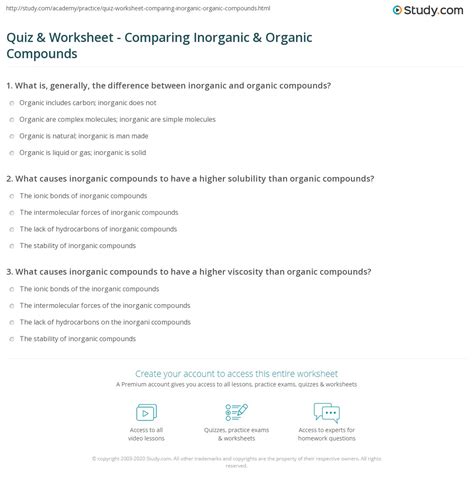 Quiz & Worksheet - Comparing Inorganic & Organic Compounds | Study.com