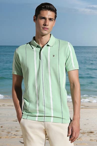 Buy Men Green Stripe Polo Neck T-shirt Online - 39627218 | Louis Philippe