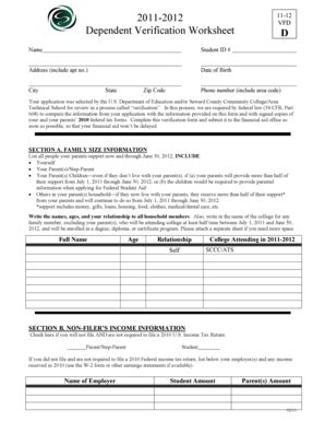 Fillable Online sccc 2011 2012 Dependent Verification Worksheet Name D ...