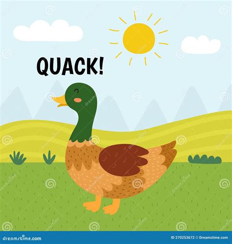 Duck Saying Quack Print. Cute Farm Character on a Green Pasture Making ...