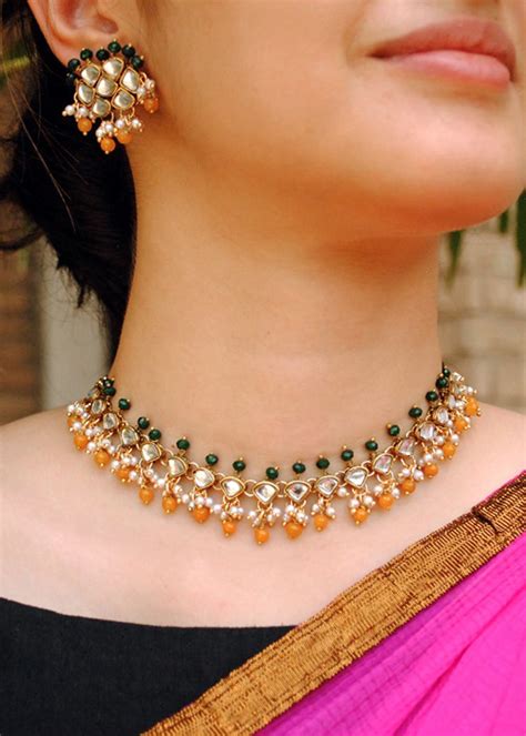Get Multi Stone & Kundan Minimalist Necklace & Earrings Set at ₹ 1799 ...