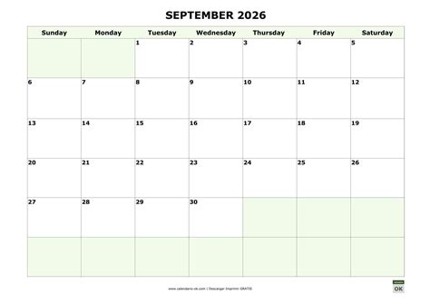 Plantilla Calendario 【SEPTIEMBRE 2026】 para IMPRIMIR